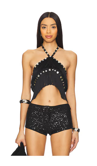Fringe Button Cross Over Top in Black | Revolve Clothing (Global)