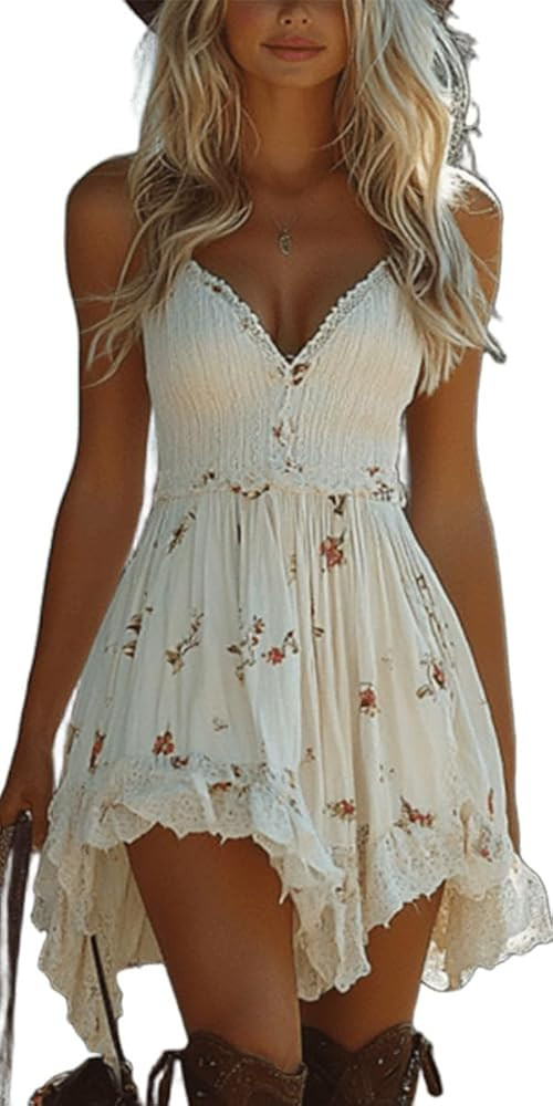Spaghetti Strap Dresses for Women 2026 Summer Floral Mini Dress Cami Backless Deep V Neck High Lo... | Amazon (US)