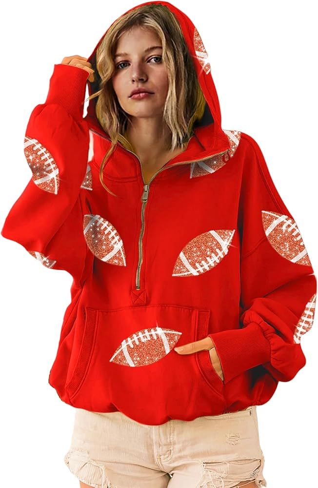 SeekMe Womens Game Day Sweatshirts Football Sequin Hoodies Tailgate Outfits Long Sleeve Zipper Sw... | Amazon (US)