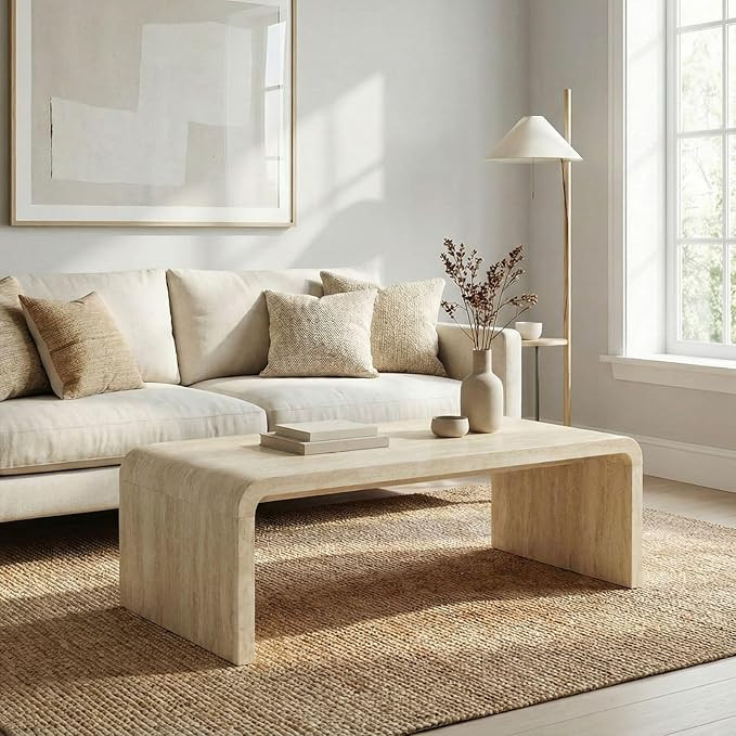 Modern Boho Faux Marble Coffee Table, 47" Travertine Pattern Waterfall Rectangular Center Table i... | Amazon (US)