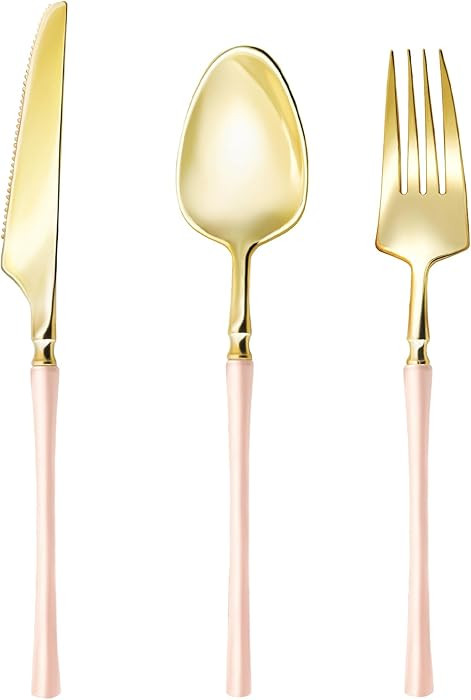 Lullaby 90pcs Gold Plastic Silverware, High End Disposable Cutlery with Pink Handle Include 30 Fo... | Amazon (US)