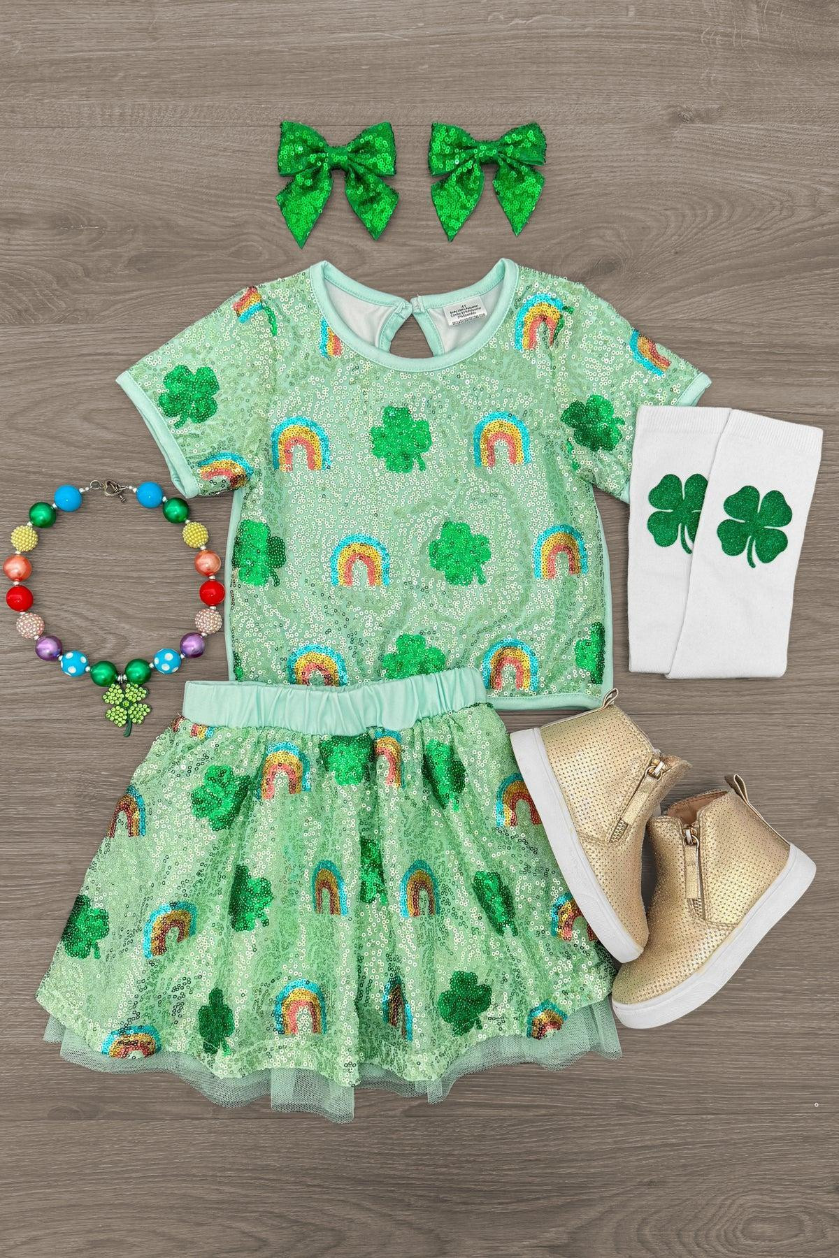 Rainbow & Shamrock Sequin Skirt Set | Sparkle In Pink