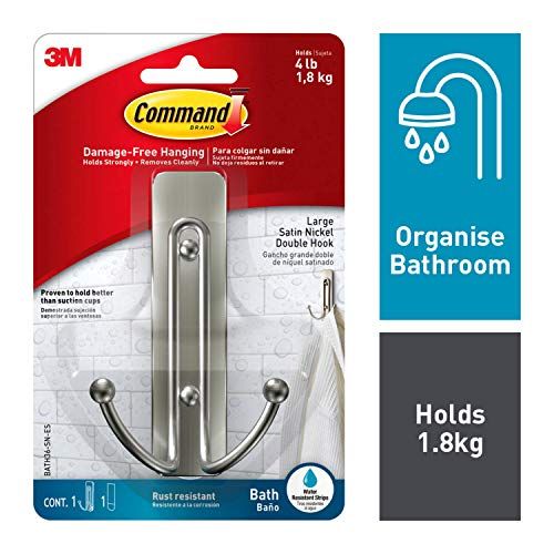 Command Bath Large Double Wire Hook, Satin Nickel, Holds 4 lbs, 1 Hook, 1 Strip, BATH36-SN-ES | Amazon (US)