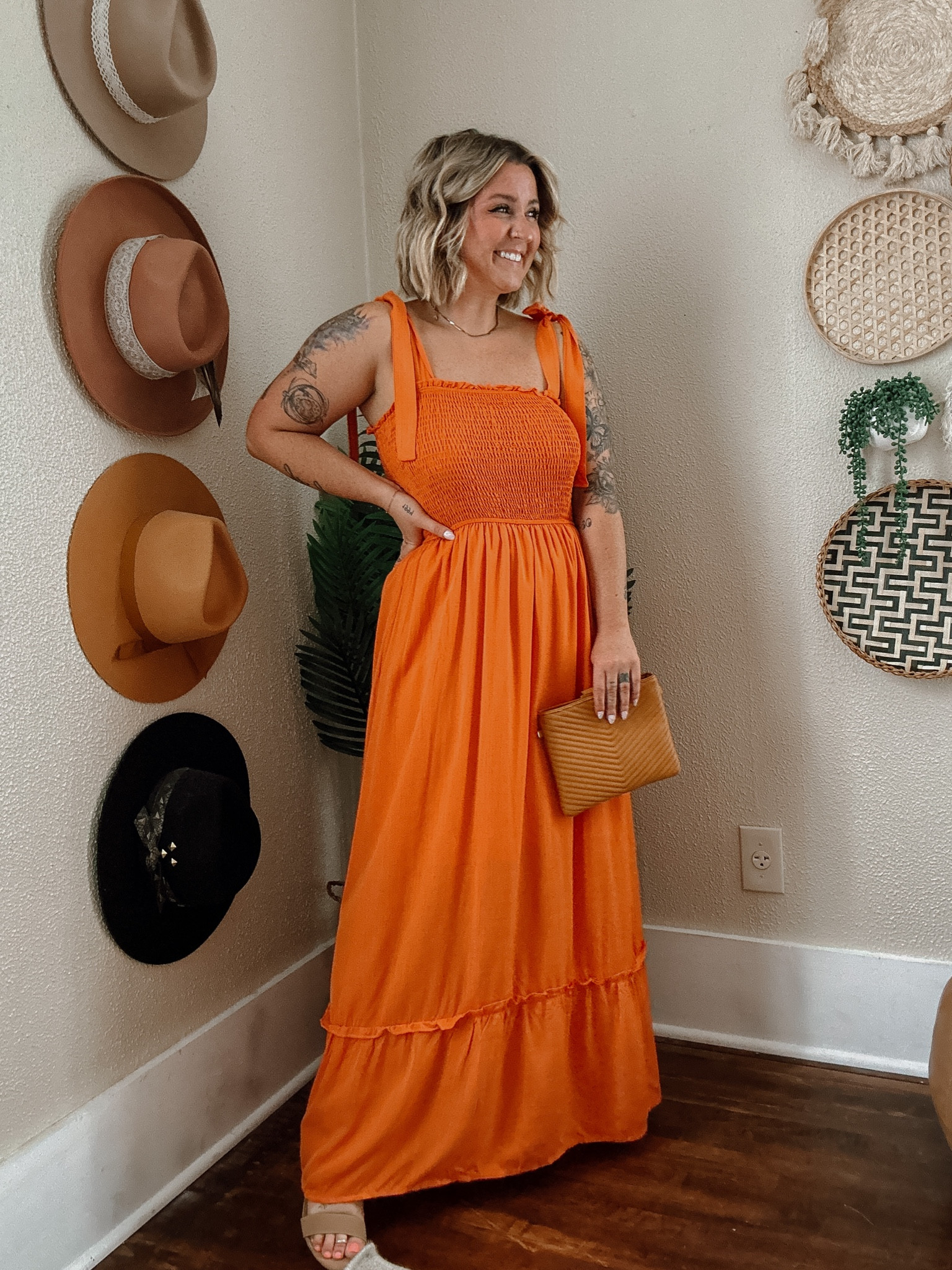 Orange maxi dress for wedding guest dress or spring summer occasion dress idea. Wearing size small and 5’1. Very stretchy in bust + waist and adjustable straps. 

#LTKFind #LTKSeasonal #LTKwedding
