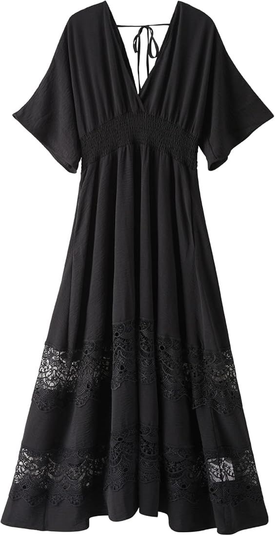 Women's Lace Maxi Dress Short Sleeve V Neck Party Dress Smocked Waist Boho Maxi Dress Bohemian Dr... | Amazon (US)