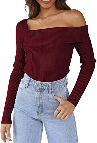LILLUSORY Womens Off The Shoulder Going Out Sweaters Fall Sexy Cute Trendy Long Sleeve Knit Pullover Sweaters Tops 2024 Wine Red XL | Amazon (US)