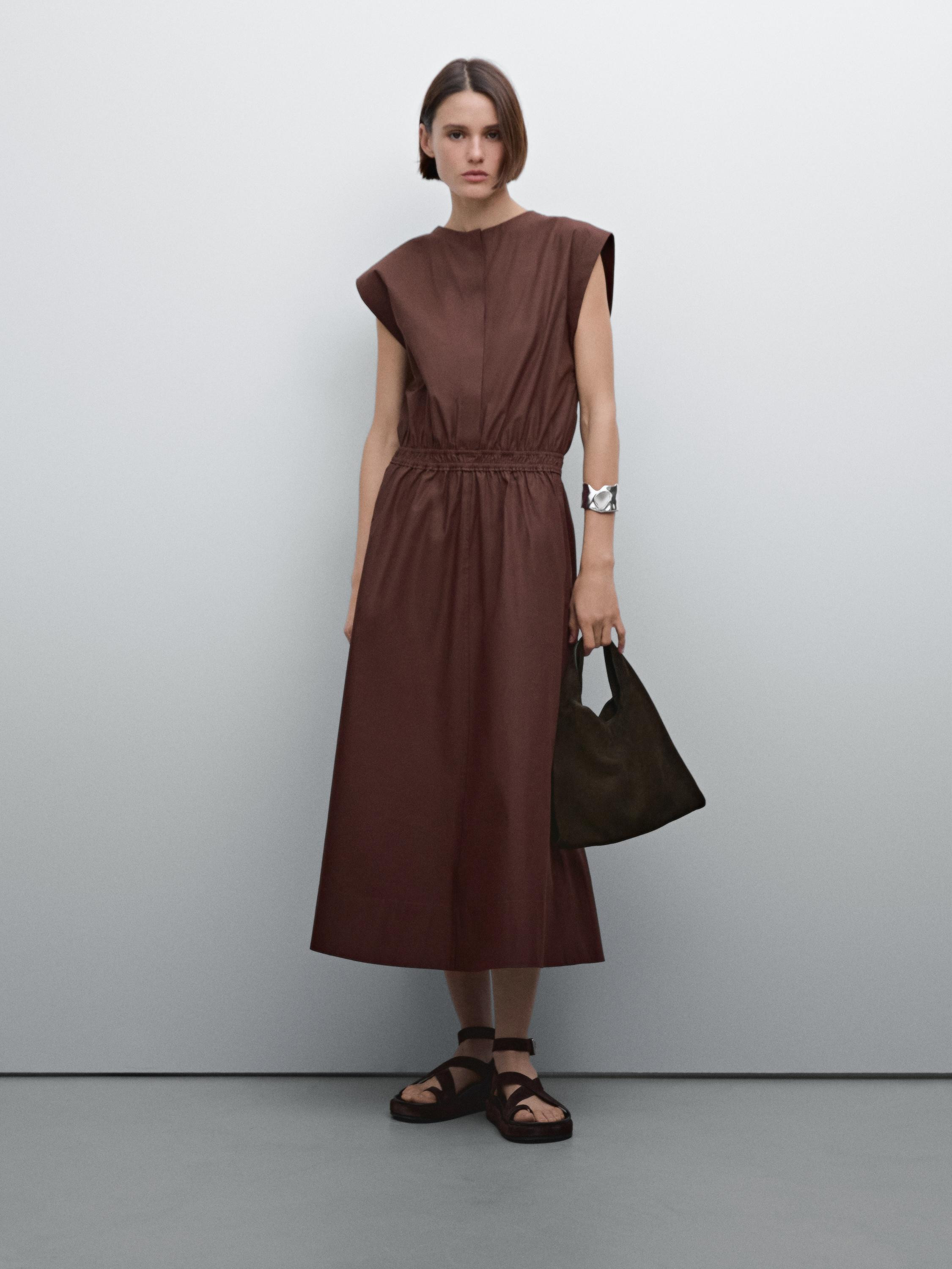 Poplin midi dress with elasticated waistband | Massimo Dutti US