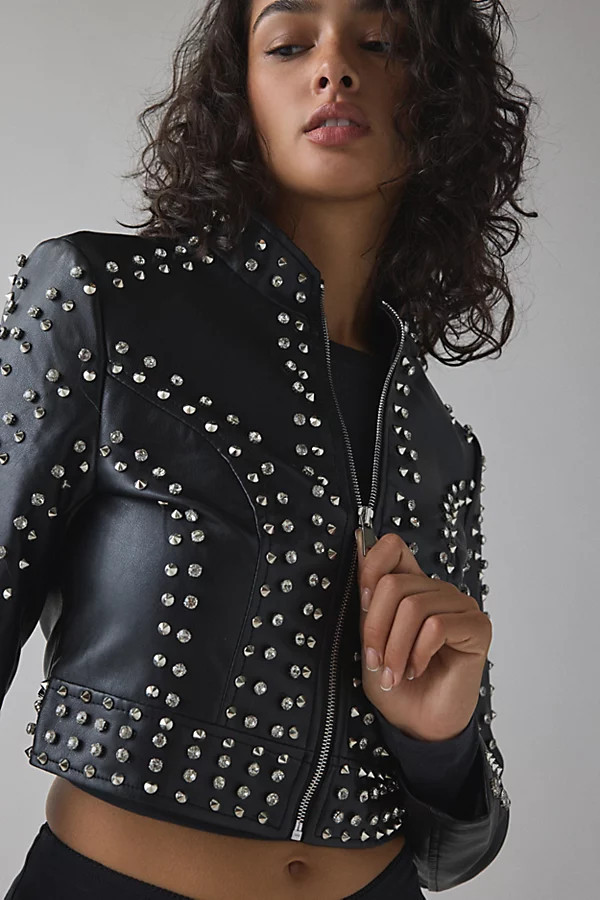 Azalea Wang Silva Crystal Studded Faux Leather Moto Jacket in Black, Women's at Urban Outfitters | Urban Outfitters (US and RoW)