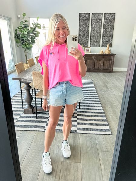 Love this sleeveless neon pink cut off aviator nation sweatshirt with denim shorts and white Nike sneakers. Size 26 in the shorts which run true to size in a size medium in the pullover, but I could’ve used the small. Big kid size 6.5 sneakers, which is the same as a women’s 8

#LTKOver40 #LTKStyleTip #LTKActive