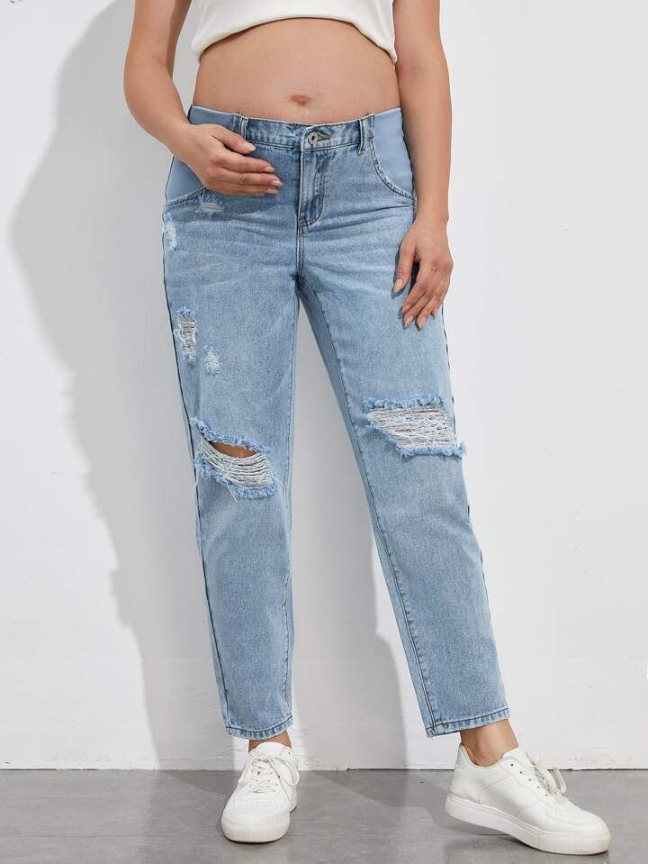 SHEIN Maternity Ripped Mom Fit Jeans | SHEIN
