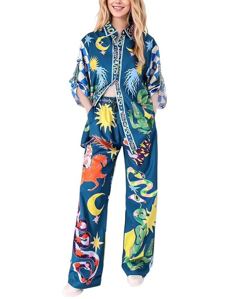 FOTN Summer Lounge Sets for Women Floral 2 Piece Outfit Button Down Shirt and Wide Leg Pant Match... | Amazon (US)