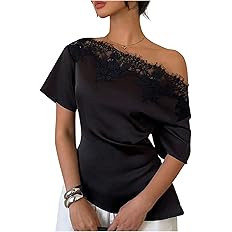 SweatyRocks Women's Off The Shoulder Top Lace Trim Dolmsn Sleeve Asymmetrical Satin Blouse Shirt | Amazon (US)