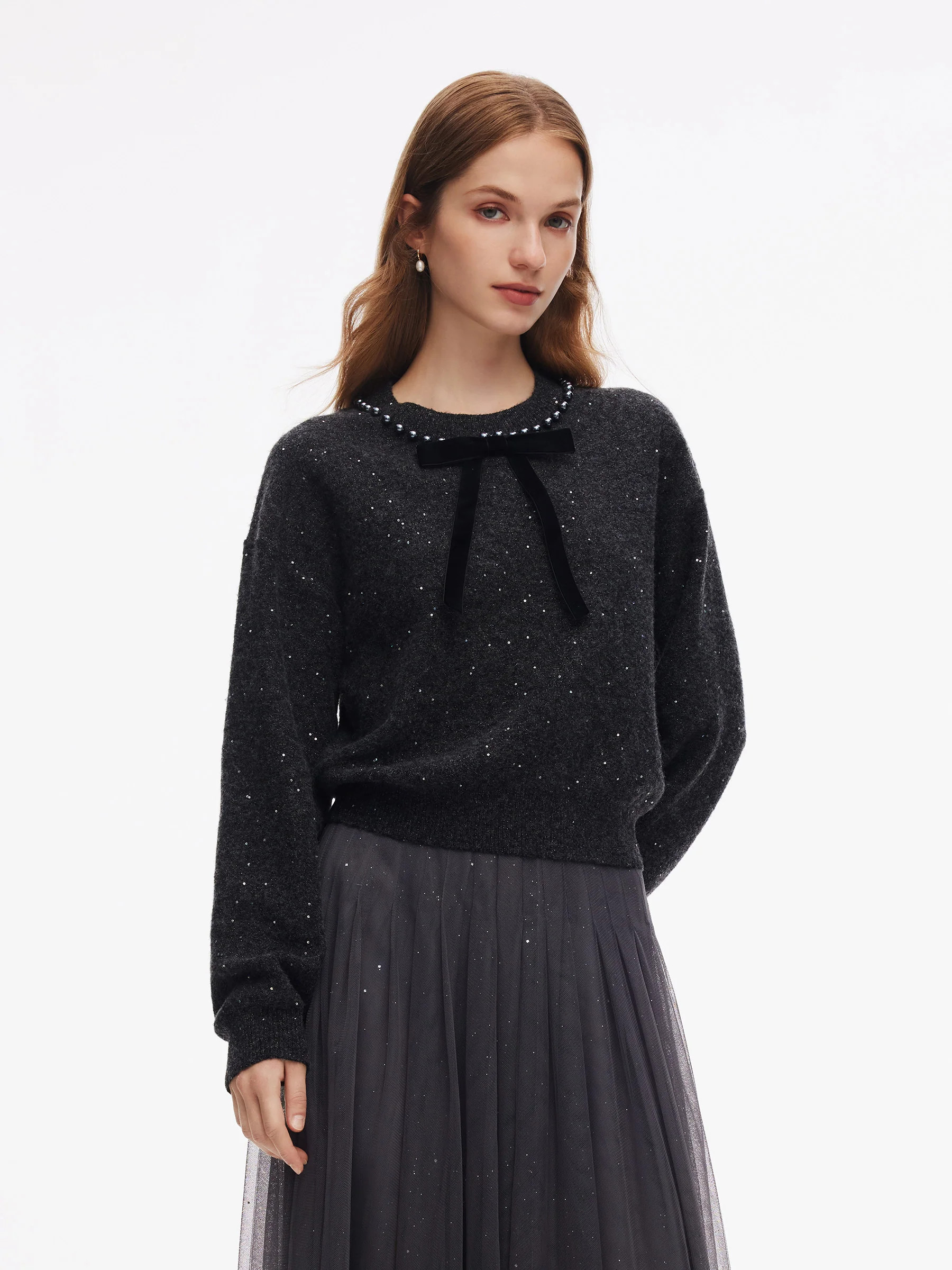 Sequins Beaded Round Neck Women Sweater - Smoke Grey / XS | GOELIA