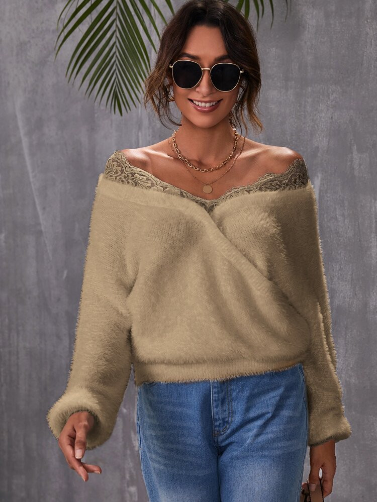 Lace Trim Fuzzy Knit Sweater | SHEIN