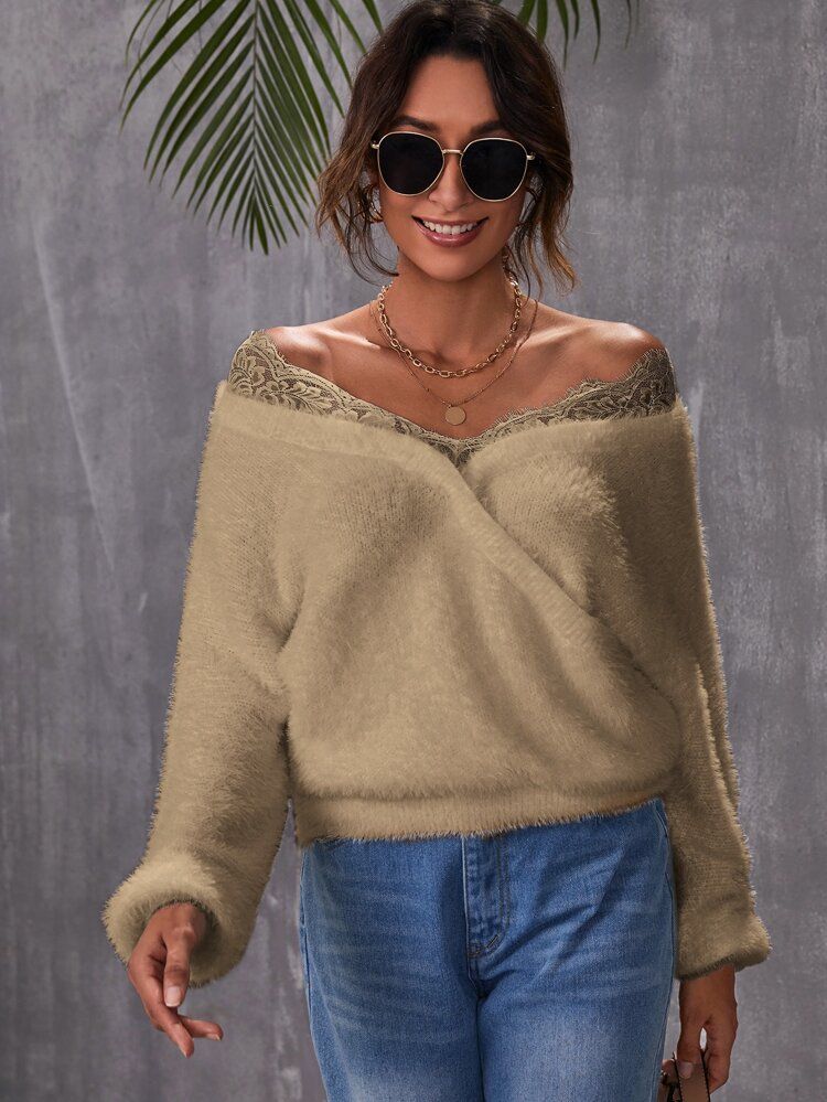 Lace Trim Fuzzy Knit Sweater | SHEIN