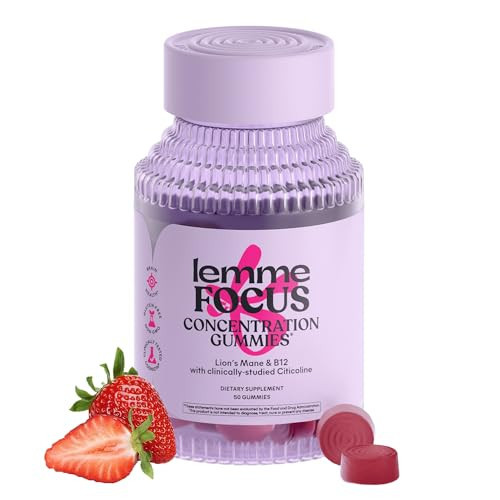 Lemme Focus Concentration & Brain Health Gummies with Cognizin Citicoline, Lion's Mane Mushroom, Vitamin B12 to Support Focus + Concentration - Gluten Free, Caffeine Free, Strawberry (50 Count) | Amazon (US)
