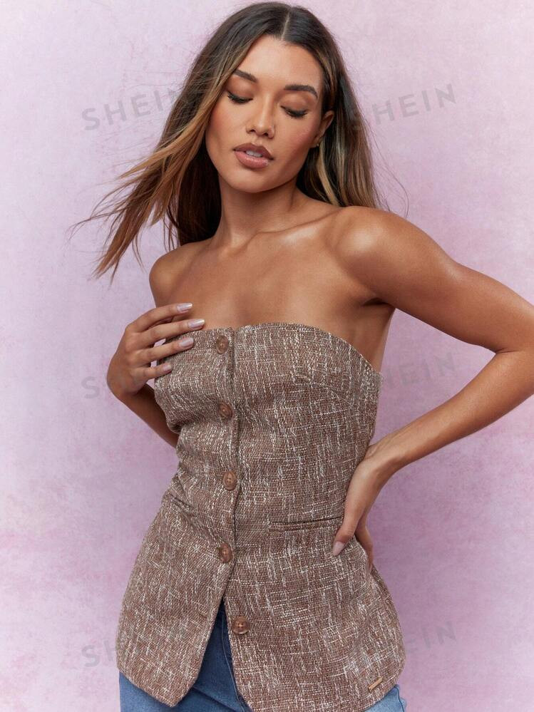 MISSGUIDED Textured Buttoned Bandeau Vest Top With Pocket Details | SHEIN