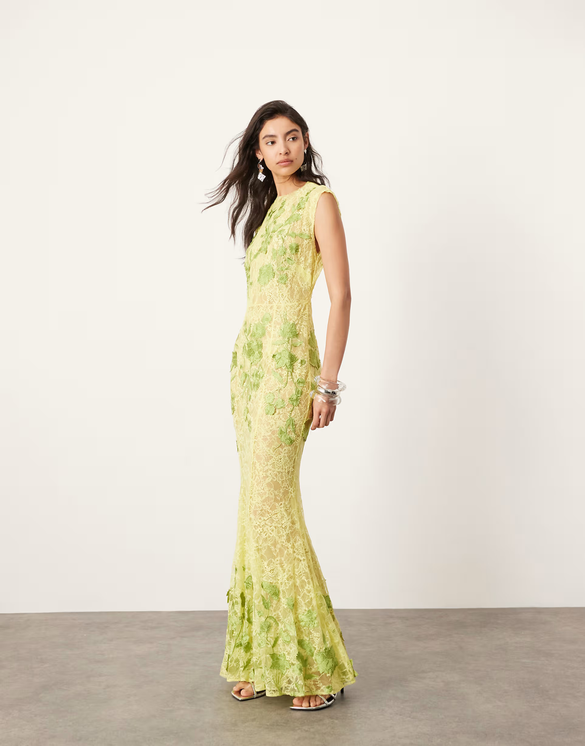 ASOS EDITION sheer embroidered floral lace open back maxi dress in lime green | ASOS (Global)