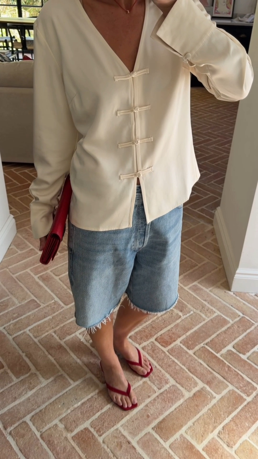 Knot front satin shirt + Bermuda shorts, denim shorts | red heels

#LTKFashionMonth #LTKuk #LTKsummer