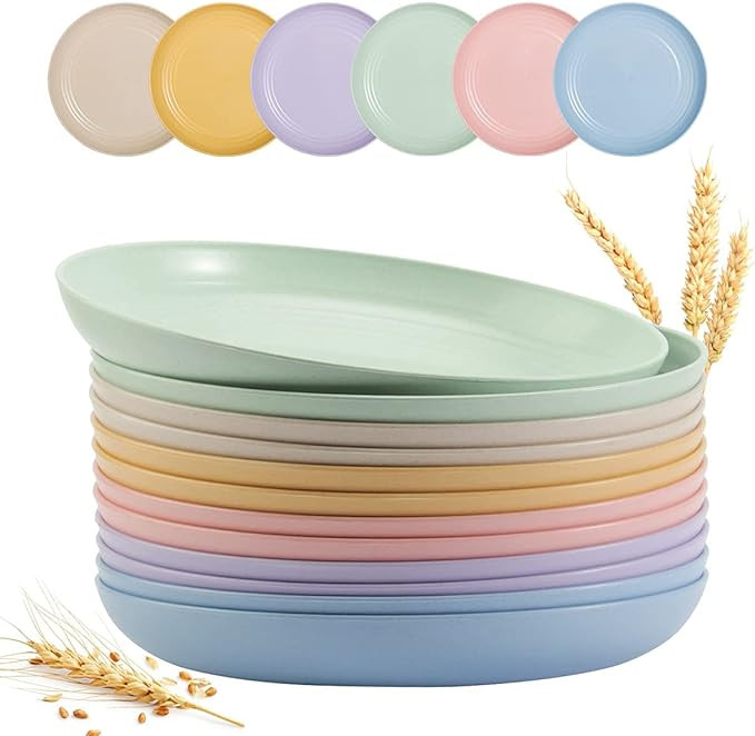 12 PACK 9 Inch Lightweight Wheat Straw Plates, Unbreakable Deep Dinner Plates, Plastic Plates Reu... | Amazon (US)