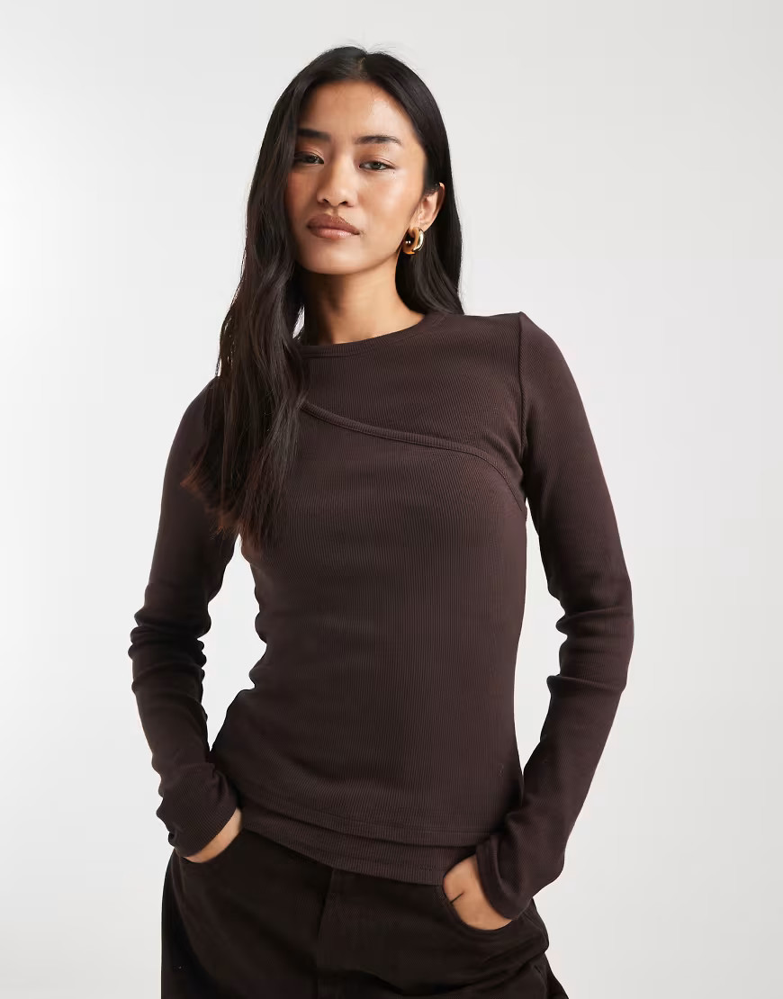 ASOS DESIGN ribbed one shoulder double layer long sleeve top brown | ASOS (Global)