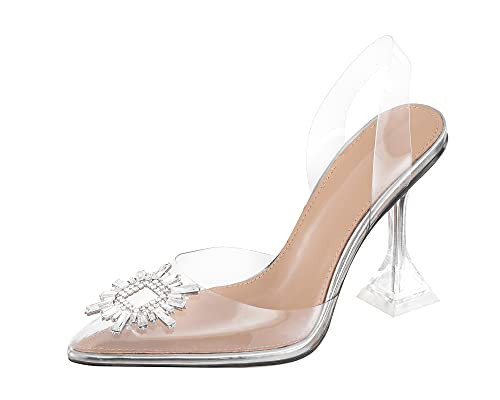 Ojiaoer Clear Heels For Women,Crystal Rhinestones Slingback Wedding Shoes,Pointed Toe High Heel Womens Sandals 9.5 | Amazon (US)