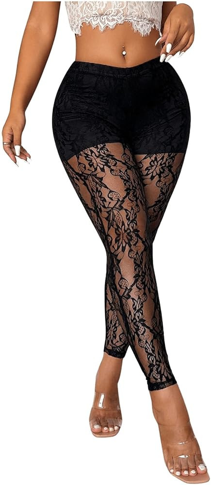 WDIRARA Women's Lace See Through Low Waist Leggings | Amazon (US)