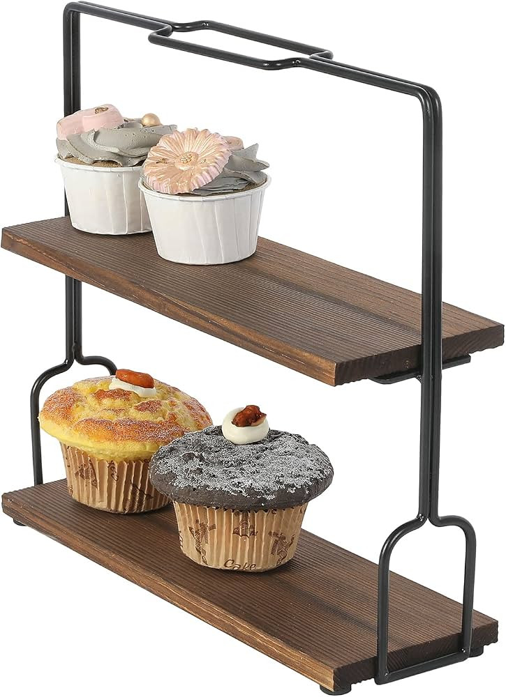 MyGift Rustic 2 Tier Cupcake Dessert Serving Stand, Burnt Brown Wood and Matte Black Metal Rectan... | Amazon (US)