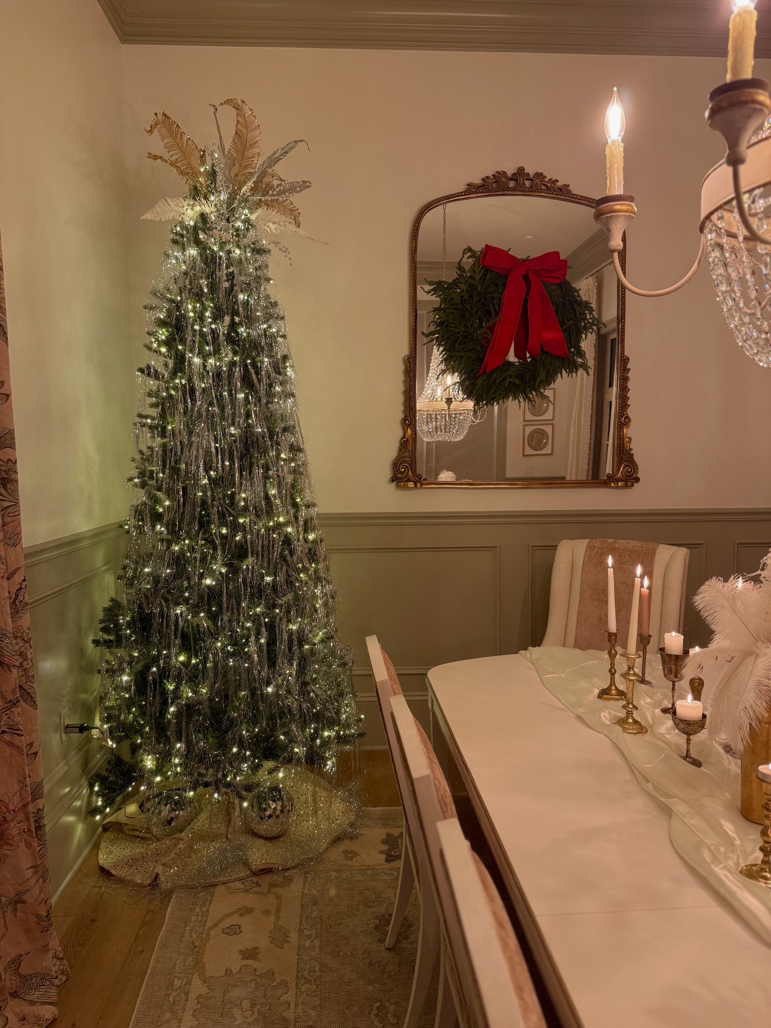 Linking my exact Christmas tree and tinsel here along with the mirror! It only took 2 packs of tinsel, but I didn’t complete the backside facing the corner.
#kingofchristmas #decor 


#LTKHome #LTKHoliday