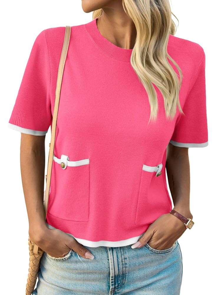 Saodimallsu Womens Short Sleeve Sweater Color Block Crew Neck Summer Crop Tops Loose Casual Knit ... | Amazon (US)