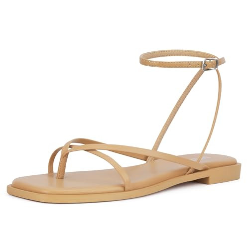 Womens Flats Sandals Square Toe Strappy Ankle Strap Flats | Amazon (US)