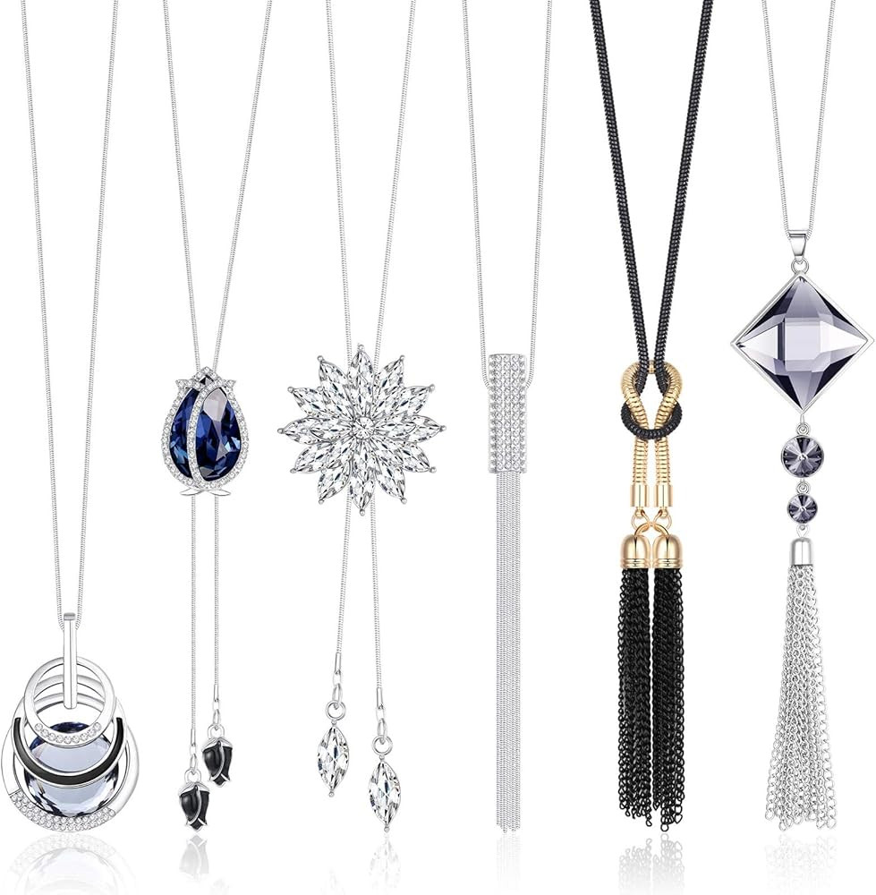 Jstyle 6Pcs Women Long Sweater Necklace Silver Plated Rhinestone Flower Tassel Pendant Neckace Je... | Amazon (US)
