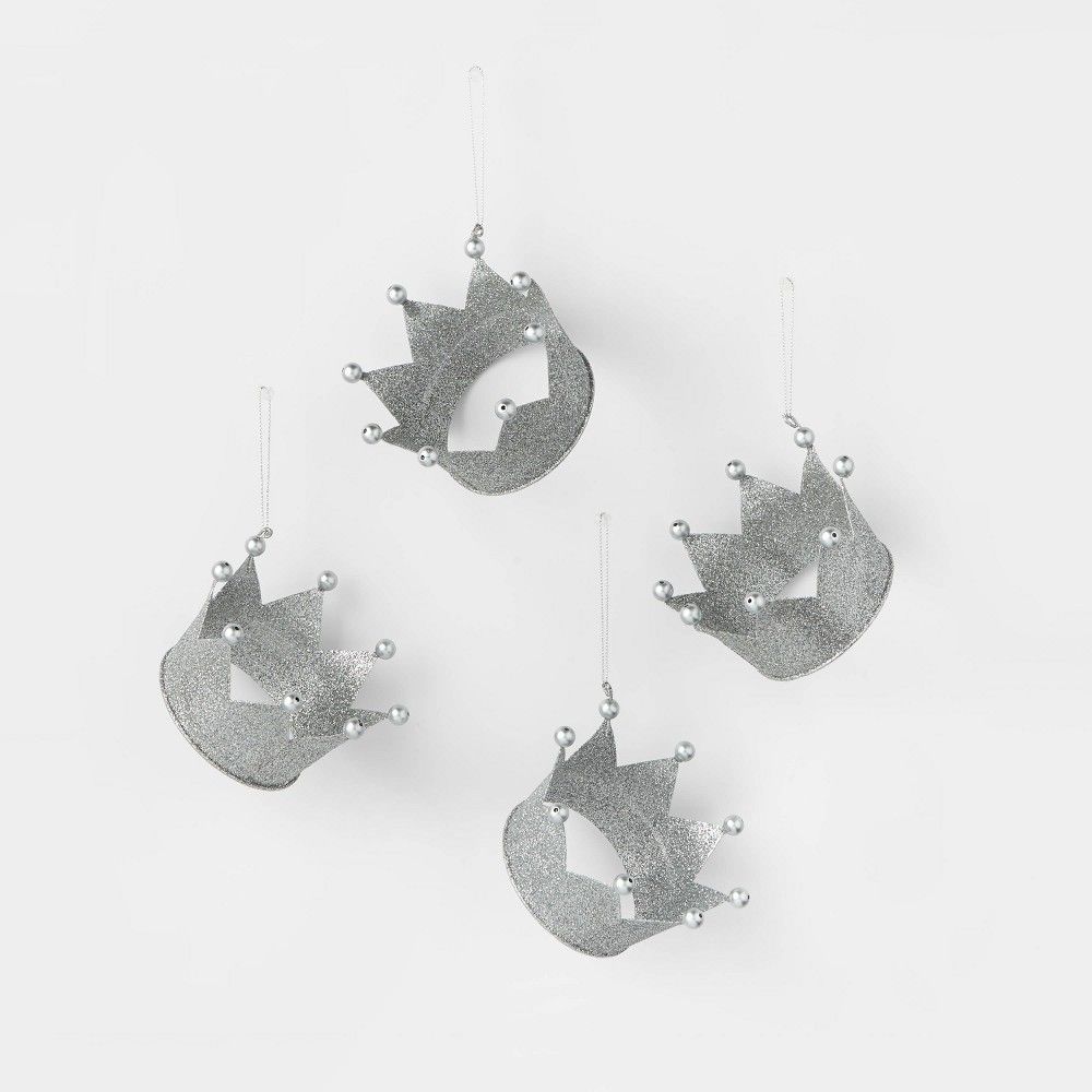 4pk Glitter Crowns Ornament Set Silver - Wondershop | Target