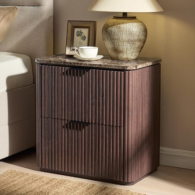 Fluted Nightstand with 2 Drawers, Bedside Table with Faux Marble-Top, Engineered Wood End Table w... | Amazon (US)