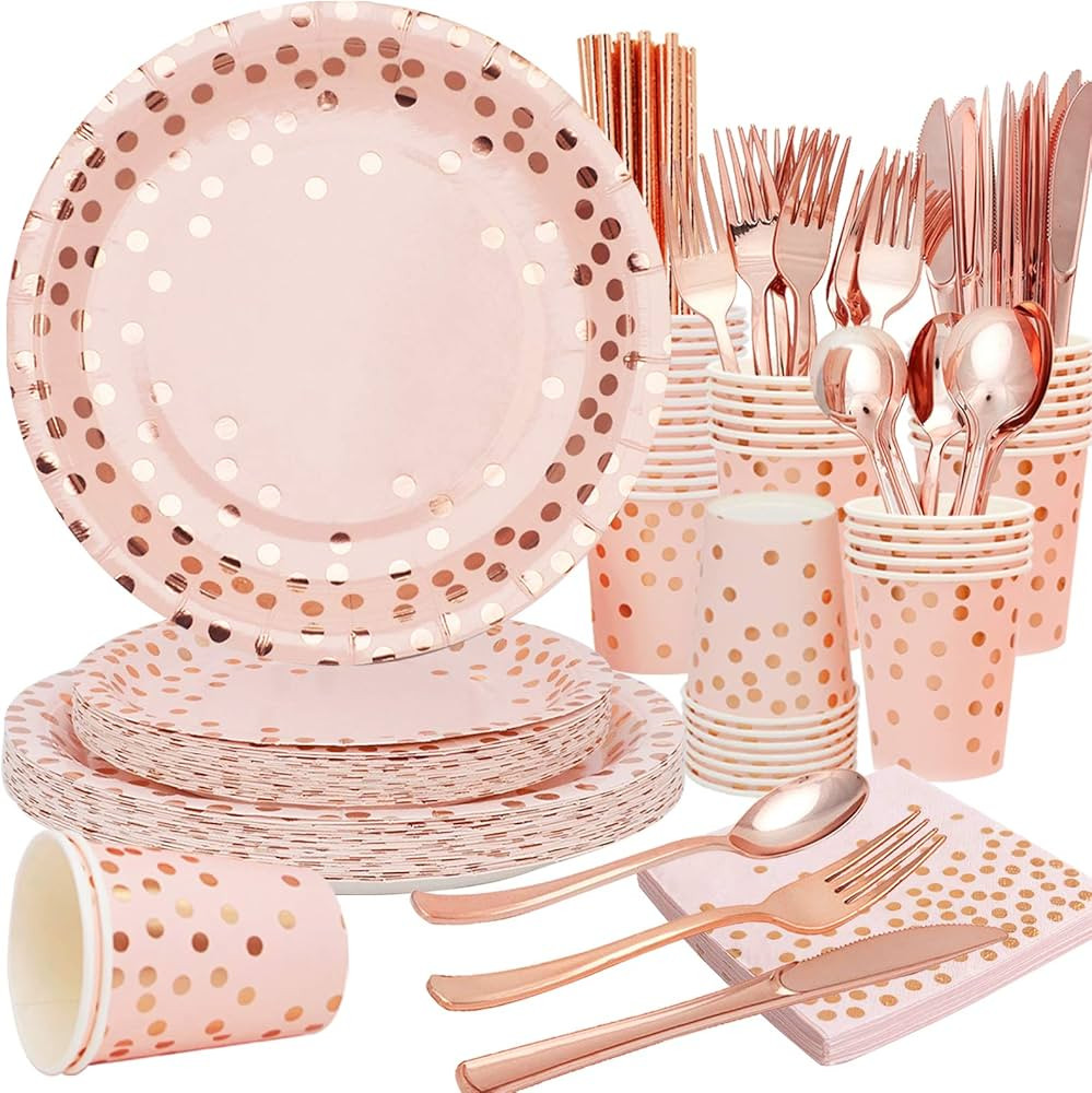 Pink Party Supplies for 25 Guests Pink and Rose Gold Dot Paper Plates Napkins Cups And Cutlery fo... | Amazon (CA)