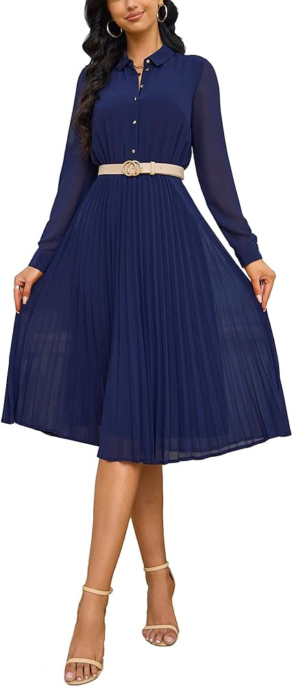 Business Casual Shirt Dress for Women Long Sleeves Pleated Midi Dresses with Belt | Amazon (US)