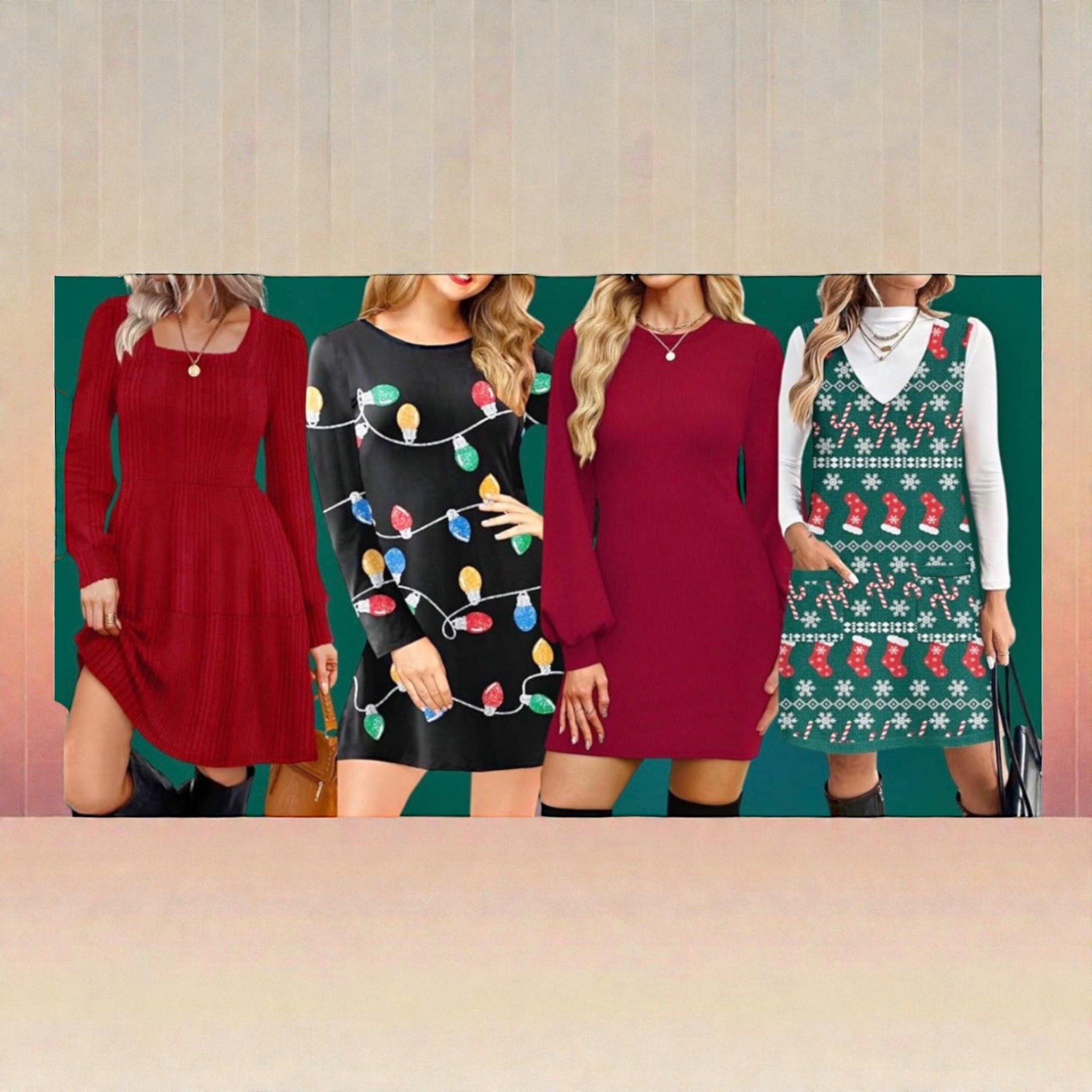 A festive, editorial-style collage featuring four chic holiday dresses displayed against a rich green backdrop with a softly glowing blush-gold gradient foreground. From left to right: a ribbed, long-sleeve cranberry knit dress with a soft, feminine drape; a playful black dress adorned with bright Christmas light garland detailing; a sleek, elegant wine-red balloon-sleeve mini dress perfect for elevated holiday gatherings; and a charming green-and-white sweater-print jumper layered over a crisp white turtleneck, complete with candy canes, stocking motifs, and cozy winter vibes. Each outfit blends seasonal charm with modern style, creating the perfect inspiration board for holiday parties, family photos, and festive nights out.

⸻



#holidaydresses #christmasoutfits #festivefashion #holidaystyle #winteroutfits #christmasdress #holidayoutfitideas #fashioninspo #styleinspo #amazonfashion #targetstyle #boutiqueoutfits #partyoutfits #uglysweaterdress #christmaslightsdress #holidaywardrobe #trendyheidi #winterfashiontrends #fashioncollage #pinterestinspo #giftguidefashion #holidayoutfitinspo #seasonalstyle #festiveedit #holidaylooks

#LTKHoliday #LTKGiftGuide #LTKdayinmylife