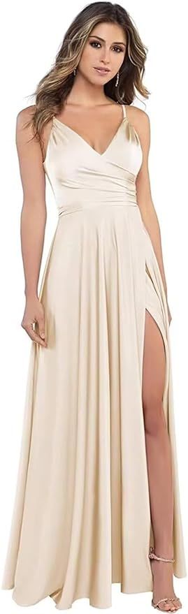XEROGIA Satin Bridesmaid Dresses for Wedding Spaghetti Strapd V-Neck Prom Dresses A-line with Sli... | Amazon (US)