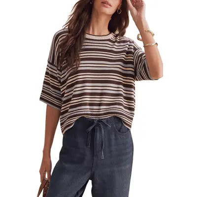 Splendid Georgie Stripe Short Sleeve Sweater in Blue Mist/java/pale Oak at Nordstrom, Size Large | Nordstrom