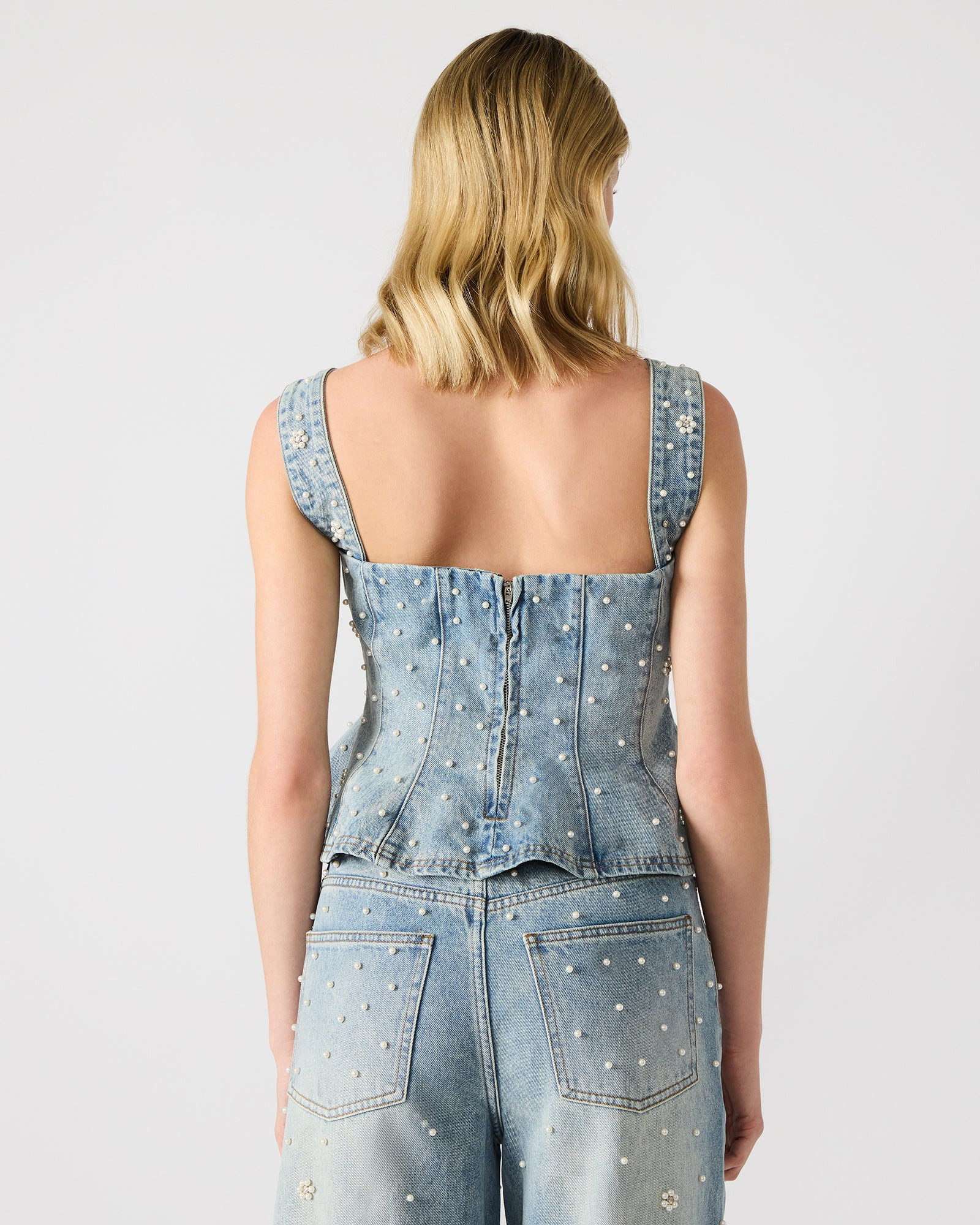 PENELOPI Denim Ruffle Fabric Pearl Embellished Women's Tank Top | Steve Madden (US)