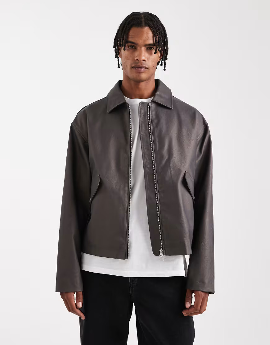 ASOS DESIGN faux leather jacket in brown | ASOS (Global)