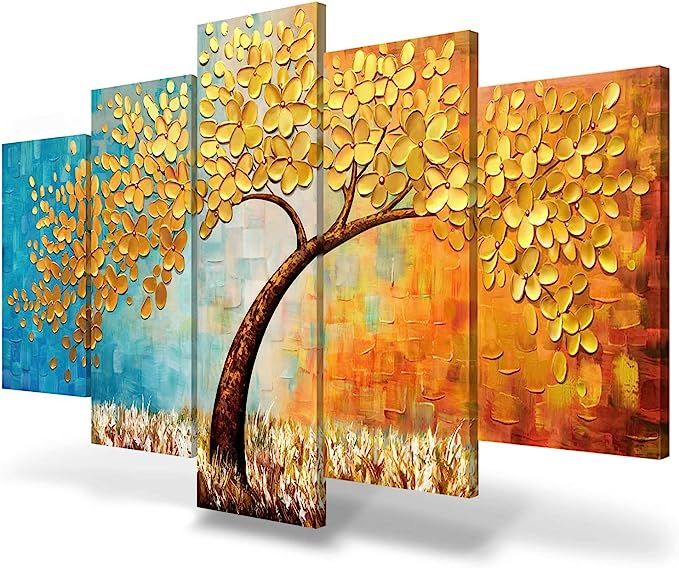 Large Wall Art Paintings for Bedroom Tree Wall Decor 3D Gold Flower Wall Painting Textured Canvas... | Amazon (US)