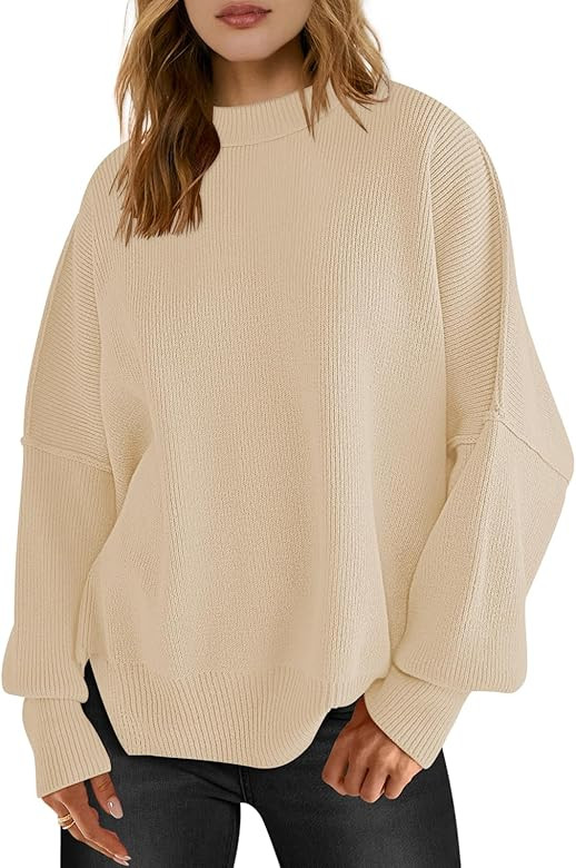 LOGENE Women's Oversized Batwing Long Sleeve Crewneck Side Slit Ribbed Knit Pullover Sweater Tops | Amazon (US)
