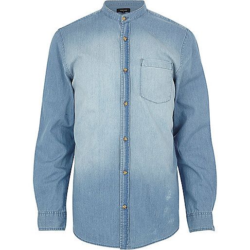 Mid wash grandad collar denim shirt | River Island (UK & IE)