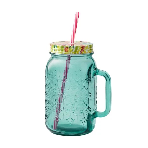 The Pioneer Woman Sunny Days Mason Jar Glass with Lid & Straw Teal 32oz | Walmart (US)