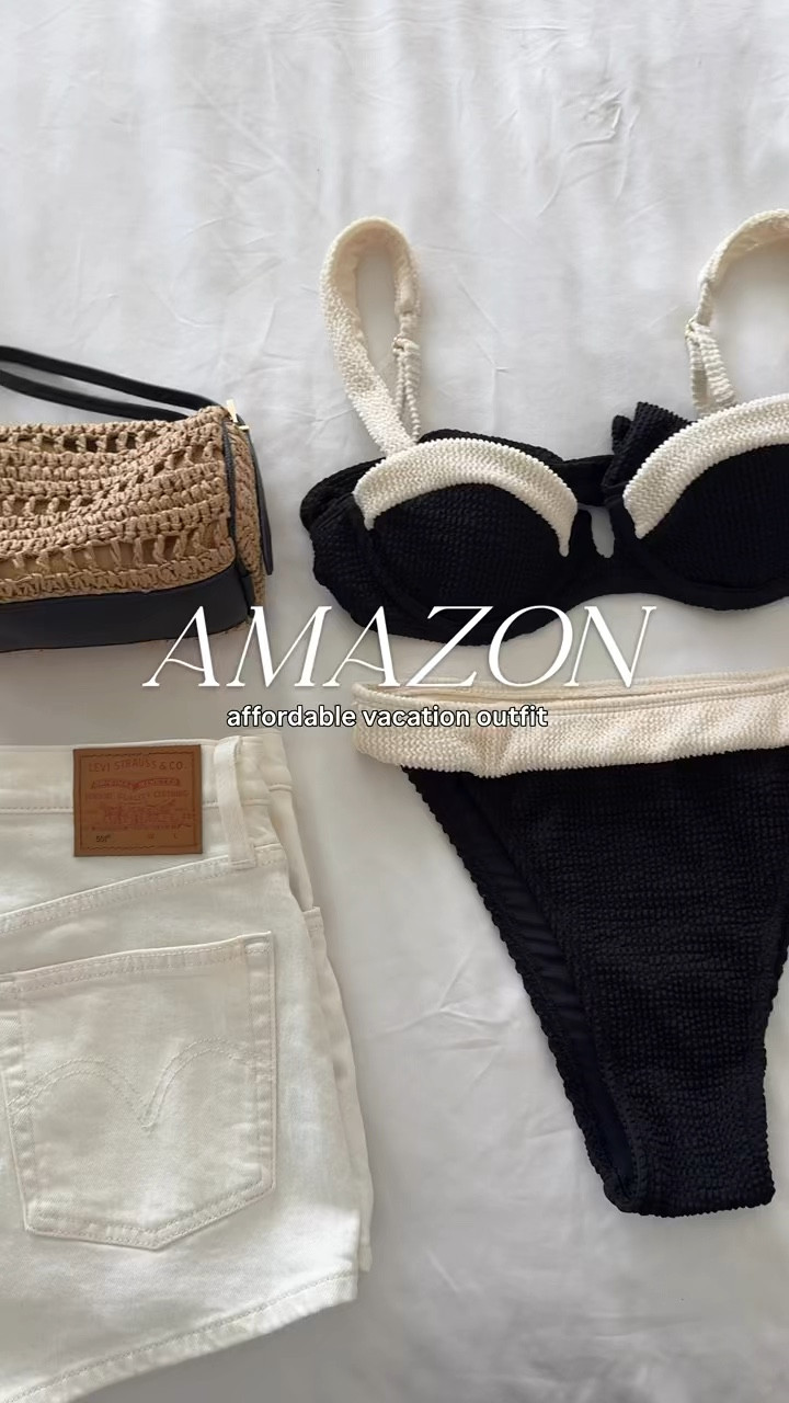 Affordable vacation outfit 〰️ black & white bikini, white denim shorts, striped tee & beach bag 

@amazon @amazonfashion 

#LTKgrwm #LTKOver40 #LTKSwim