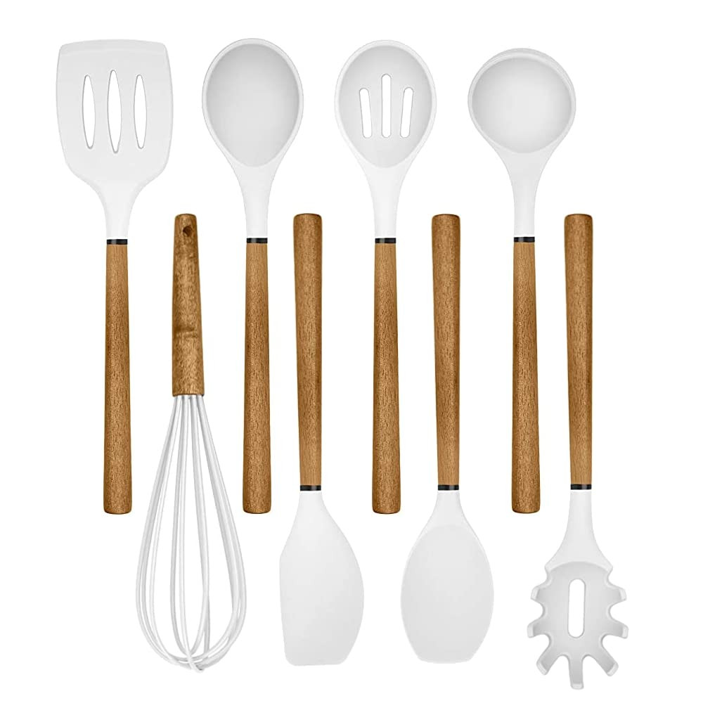Country Kitchen Non Stick Silicone Utensil Set with Rounded Wood Handles for Cooking and Baking, ... | Amazon (US)