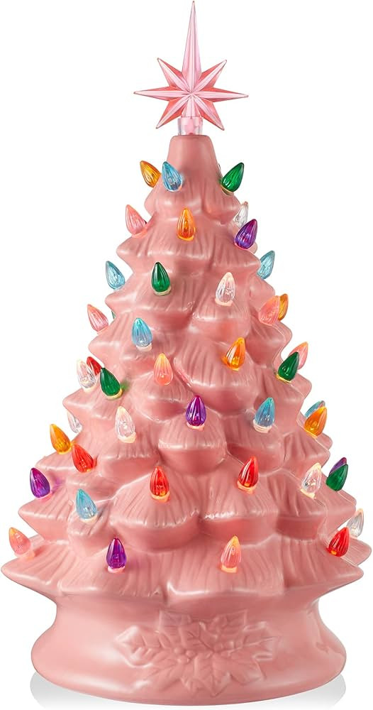 Casafield Hand Painted Ceramic Christmas Tree, Pink 15-Inch Pre-Lit Tree with 128 Multi Color Lig... | Amazon (US)