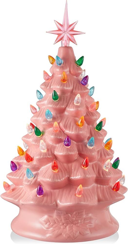 Casafield Hand Painted Ceramic Christmas Tree, Pink 15-Inch Pre-Lit Tree with 128 Multi Color Lig... | Amazon (US)