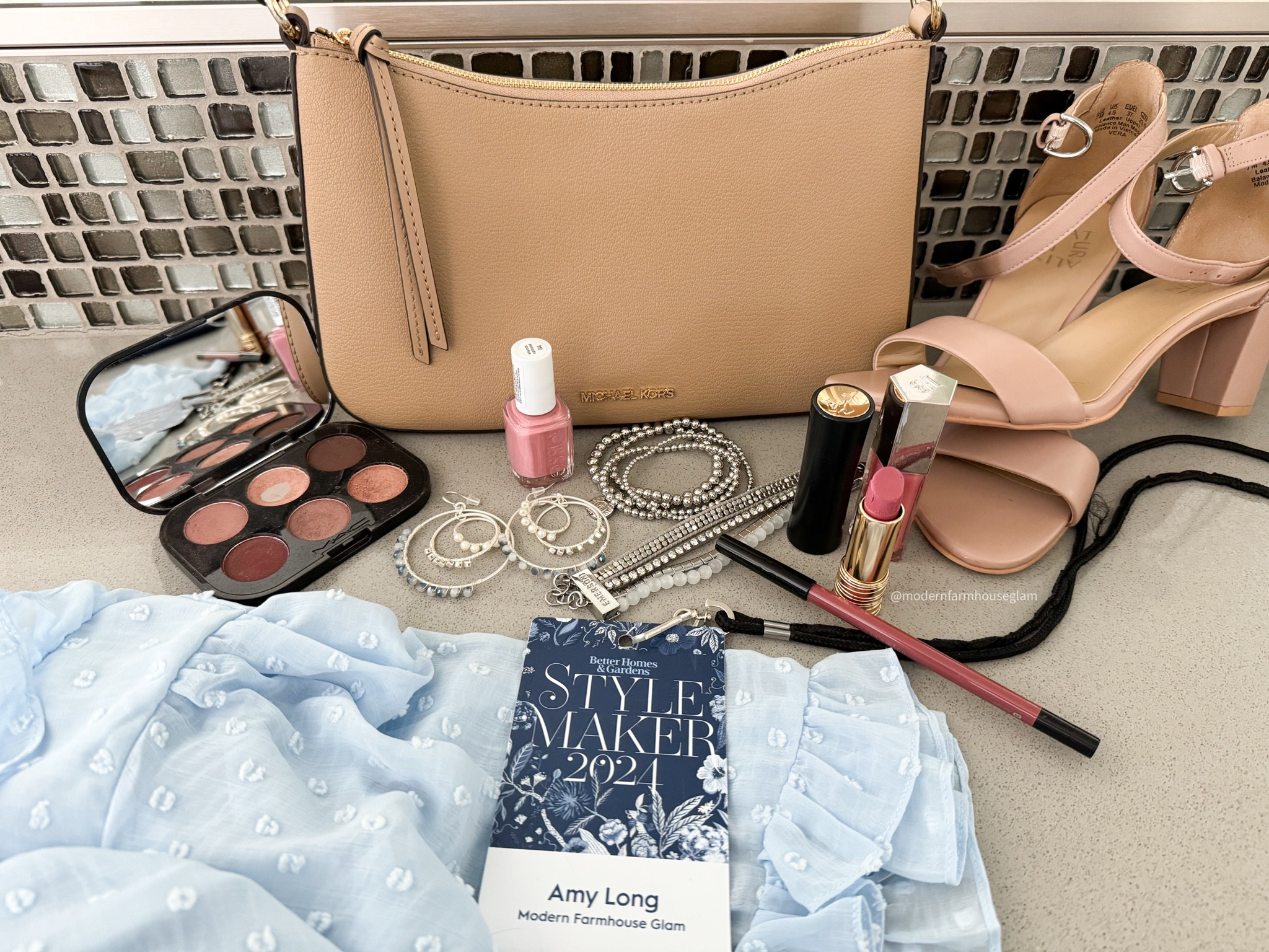 What I wore to Better Homes & Gardens Stylmaker in NYC accessories, eyeshadow (this is such a great Fall eyeshadow palette!), lipstick, lipgloss, nail polish, earrings, bracelets, shoes, high heels, tan camel leather Michael Kors purse, light, blue dress, makeup 

#LTKBeauty #LTKStyleTip #LTKItBag